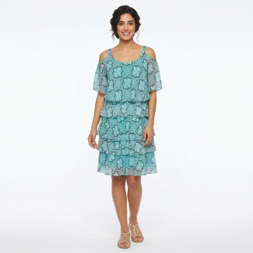 Signature by Robbie Bee Teal Snakeskin Tiered Cold Shoulder Dress Size 10 Midi